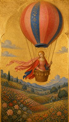 a hot air balloon drifting over rolling flower fields on a sunny day, cheerful, no text