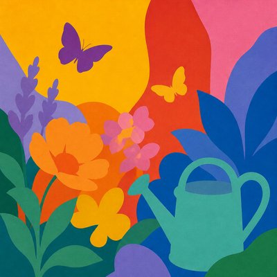 a garden scene with butterflies, flowers and a watering can, clean uncolored line art, no text