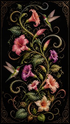 a climbing vine of flowers and hummingbirds on a dark background, tall wrapping composition, no text