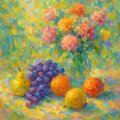 still life arrangement of fruits and flowers