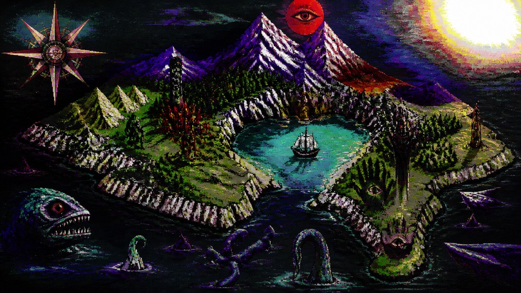 a map of an island realm with mountains, forests, a sheltered bay, sea monsters in the water and a compass rose, no text labels