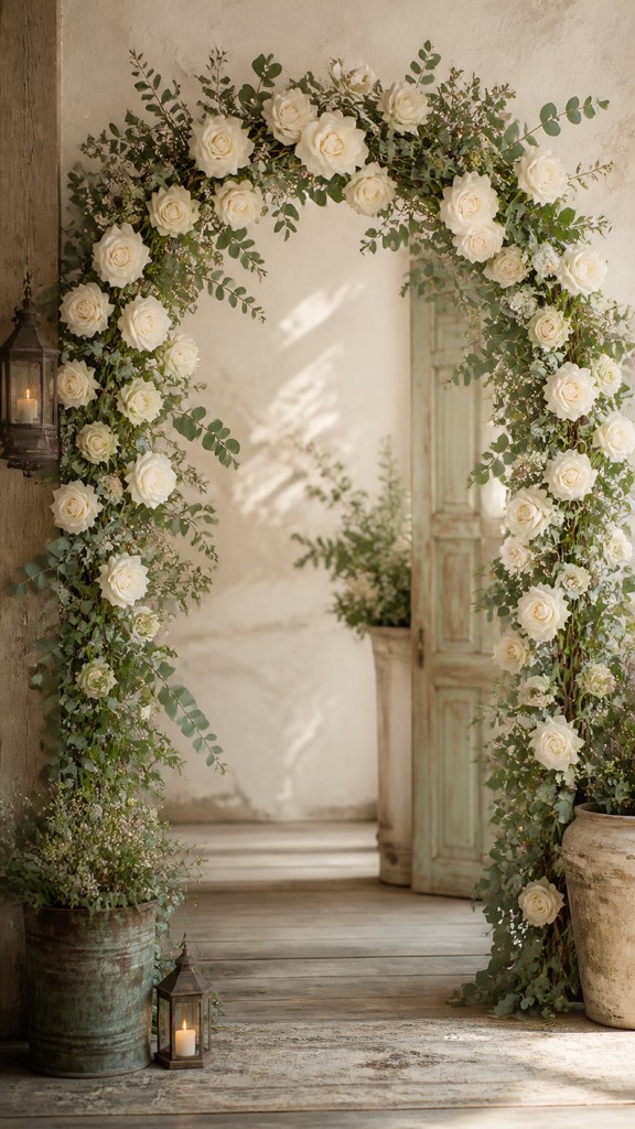 an arch of white roses and eucalyptus in soft morning light, elegant vertical composition with open space, no text