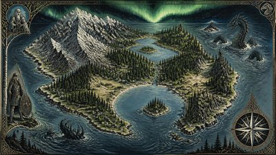 a map of an island realm with mountains, forests, a sheltered bay, sea monsters in the water and a compass rose, no text labels