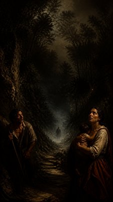a mysterious forest path with fireflies and drifting mist, atmospheric vertical composition with open space at the top, no text