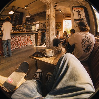 cozy cafe interior with warm lighting