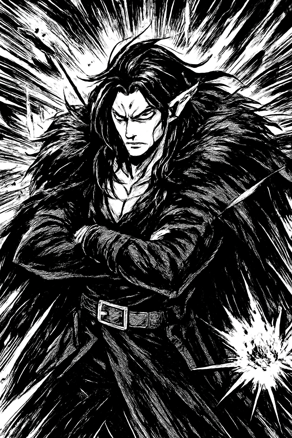 a black and white drawing of a wizard holding a sword