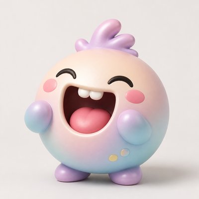 an exaggerated laughing face of an original round mascot character, bold and readable at small size, plain background, no text
