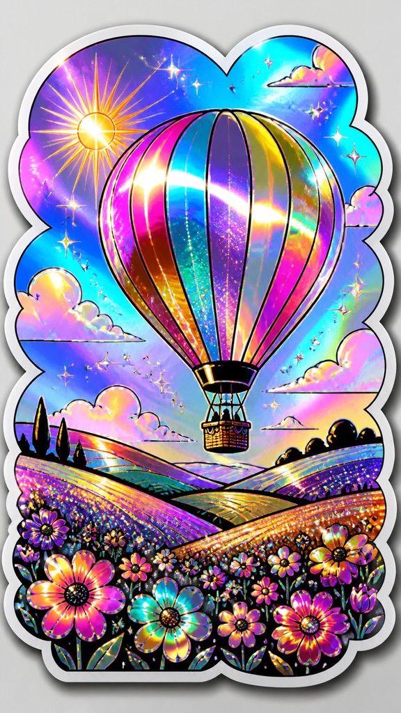 a hot air balloon drifting over rolling flower fields on a sunny day, cheerful, no text