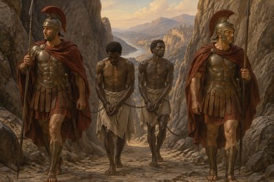 two Roman soldiers with spears, and helmets lead two ignui slaves in chains walking in between the soldiers through a gap in a mountain passage way