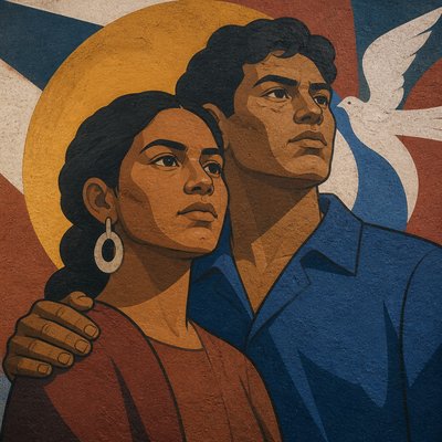 portrait of two people together — Mural Painting Art Style