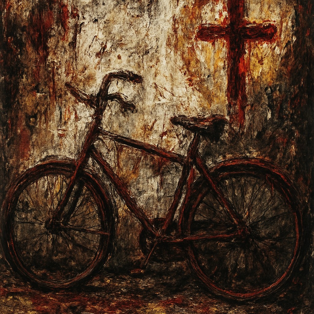 bicyle resting against a wall