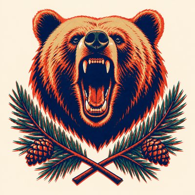 a roaring bear head above crossed pine branches, bold graphic composition on a plain background, no text