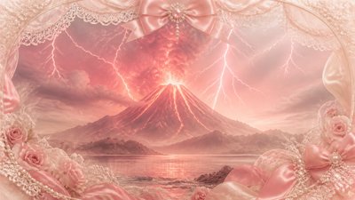 an erupting volcano with lightning strikes, dramatic wide composition, no text