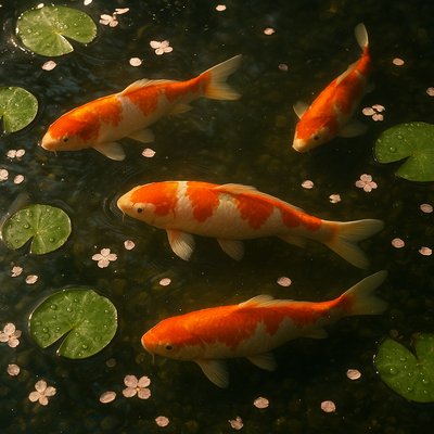 A koi pond seen from above, orange and white koi fish swimming among lily pads, clear water with subtle ripples, fallen cherry blossom petals floating on the surface, dappled sunlight