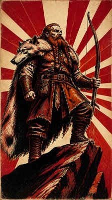 full-body original character: a dwarven ranger with a braided auburn beard, worn leather armor, a longbow and a wolf-pelt cloak, neutral background, no text