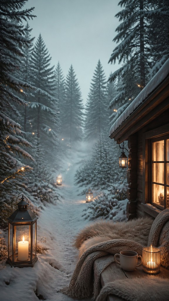 a mysterious forest path with fireflies and drifting mist, atmospheric vertical composition with open space at the top, no text