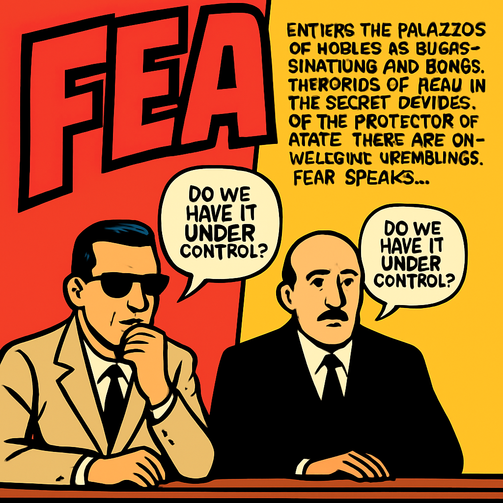 a cartoon of two men sitting at a table