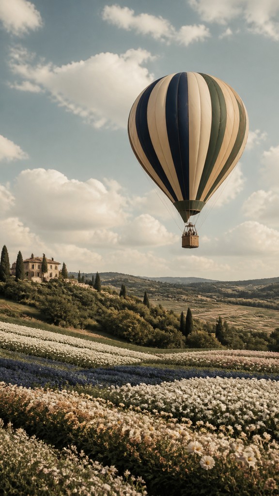 a hot air balloon drifting over rolling flower fields on a sunny day, cheerful, no text