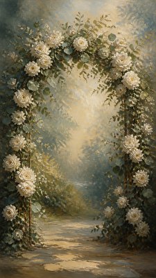 an arch of white roses and eucalyptus in soft morning light, elegant vertical composition with open space, no text