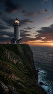 a lone lighthouse on a cliff at dusk under a dramatic sky, no text or lettering