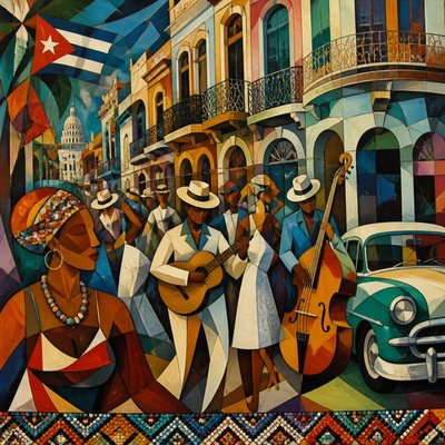 urban street with city activity — Cuban Art Style