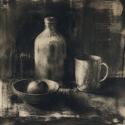 still life with everyday objects — Monotype Print Style