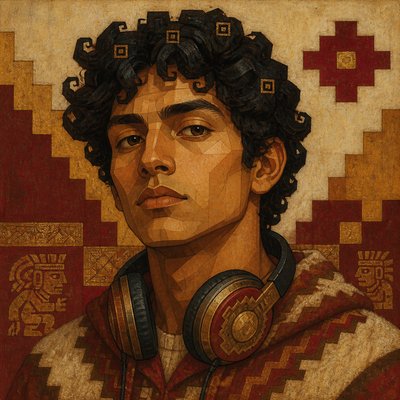 head-and-shoulders portrait of an original character: a young man with curly dark hair and headphones around his neck, plain backdrop, no text