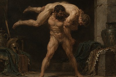 ancient greek ignudi wrestler lifting his opponent over his shoulders