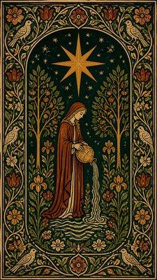 a robed figure pouring water beneath a large eight-pointed star in a night sky, symmetrical composition with an ornate decorative border, no text