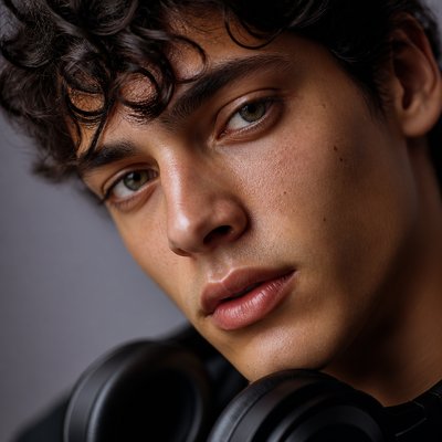 head-and-shoulders portrait of an original character: a young man with curly dark hair and headphones around his neck, plain backdrop, no text