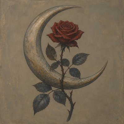 a rose entwined with a crescent moon, clean balanced composition on a plain background, no text