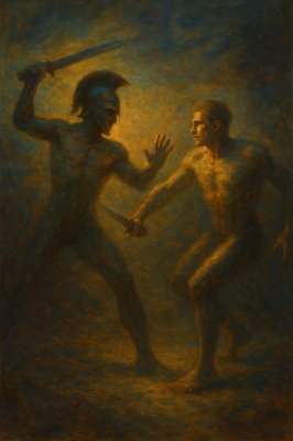 a painting of two men fighting with each other