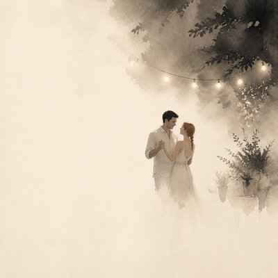 an original couple dancing under string lights in a garden at dusk: a man with short black hair in a linen shirt and a woman with braided red hair in a summer dress