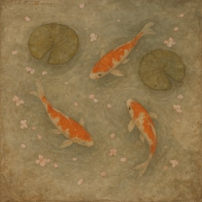 A koi pond seen from above, orange and white koi fish swimming among lily pads, clear water with subtle ripples, fallen cherry blossom petals floating on the surface, dappled sunlight