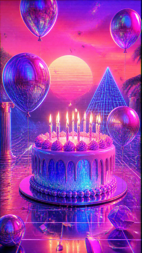 a birthday cake with lit candles surrounded by balloons and confetti, festive vertical composition, no text