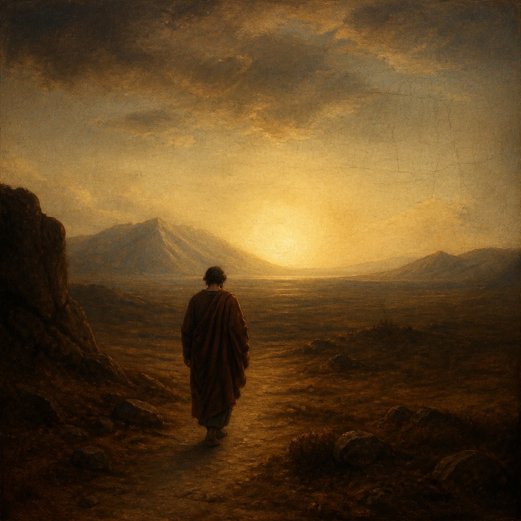 a solitary figure walking toward a glowing horizon across an empty plain, moody atmosphere, no text or lettering