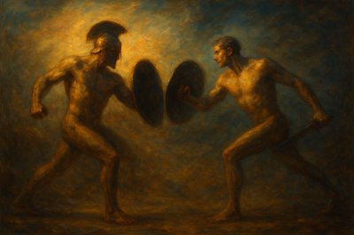 a painting of two men holding a disc