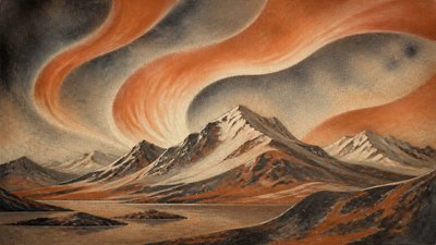 a flowing aurora over snowy peaks, wide sweeping composition, no people, no text