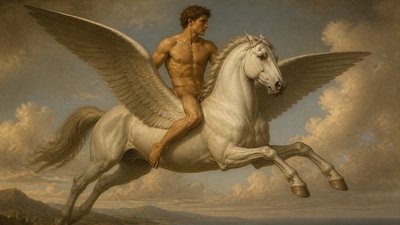 ancient greek ignudi rider sitting on Pegasus winged horse