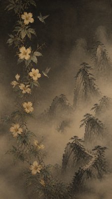 a climbing vine of flowers and hummingbirds on a dark background, tall wrapping composition, no text