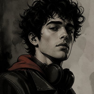 head-and-shoulders portrait of an original character: a young man with curly dark hair and headphones around his neck, plain backdrop, no text