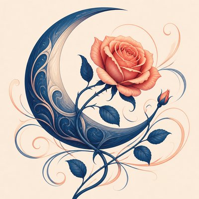 a rose entwined with a crescent moon, clean balanced composition on a plain background, no text