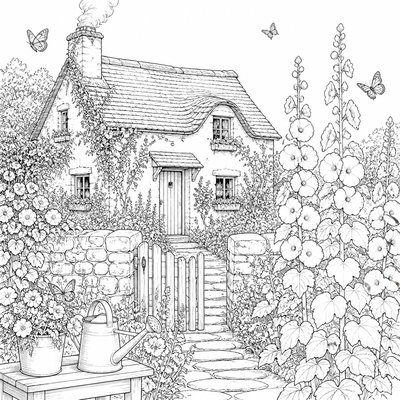 a garden scene with butterflies, flowers and a watering can, clean uncolored line art, no text