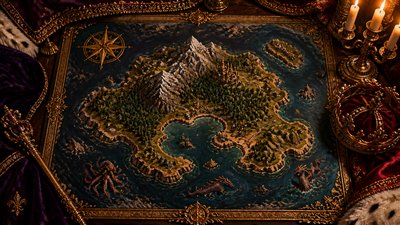a map of an island realm with mountains, forests, a sheltered bay, sea monsters in the water and a compass rose, no text labels