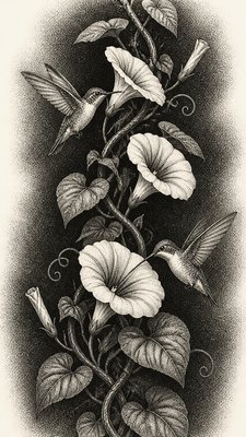 a climbing vine of flowers and hummingbirds on a dark background, tall wrapping composition, no text