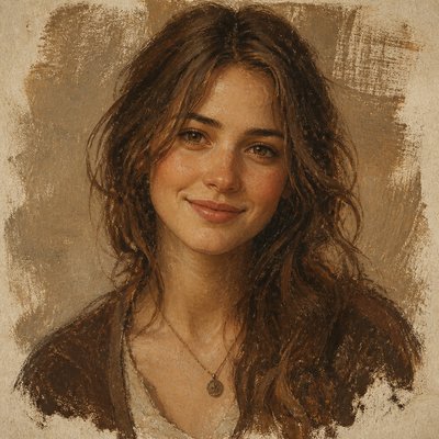 head-and-shoulders portrait of an original character: a young woman with wavy chestnut hair and a warm smile, plain soft backdrop