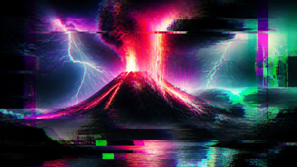 an erupting volcano with lightning strikes, dramatic wide composition, no text