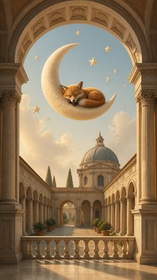 a sleeping baby fox curled on a crescent moon among soft stars, gentle and warm, no text