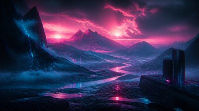 a vast valley with a river winding toward distant mountains at sunrise, no people, no text