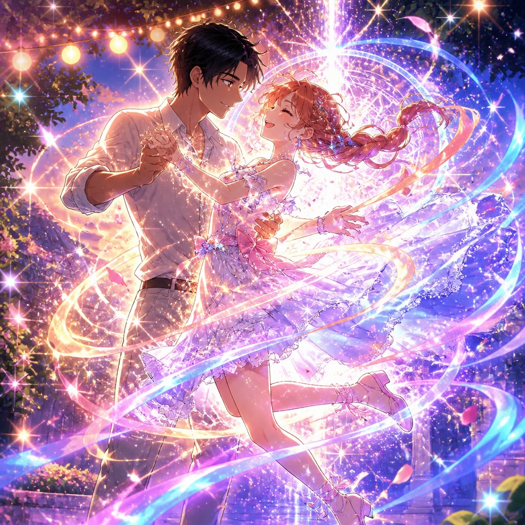 an original couple dancing under string lights in a garden at dusk: a man with short black hair in a linen shirt and a woman with braided red hair in a summer dress